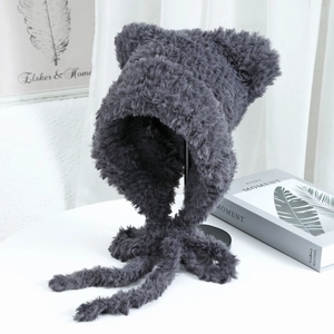 Plush cat ear knit hat with long straps in dark grey, warm autumn winter headwear
