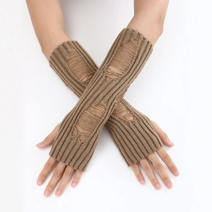 Close-up of khaki rib-knit arm warmers with trendy distressed ripped hole details