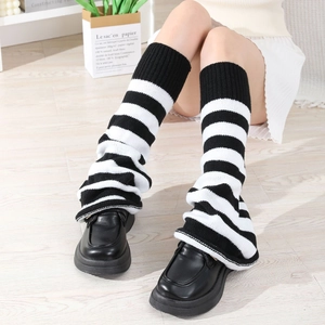 Japanese style black and white striped knitted leg warmers for JK school uniform style