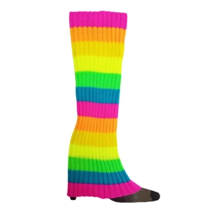 Macro view of neon rainbow striped knit leg warmers showing ribbed texture and vibrant colors