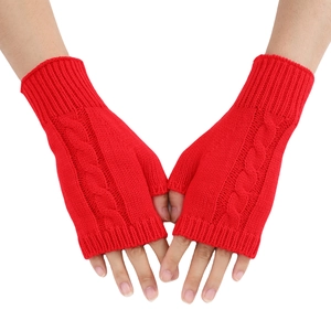 Winter red cable knit fingerless gloves with thumb hole for warm fashion