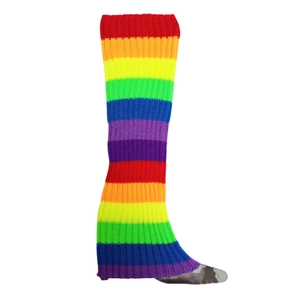 Detail of colorful rainbow striped knit leg warmers with ribbed texture for boots