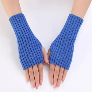 Close-up of royal blue ribbed knit fingerless gloves showing soft material texture