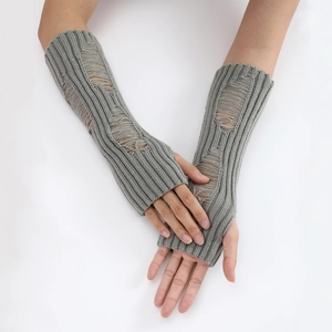 Close-up of dark grey distressed knit arm warmers featuring ripped hole details