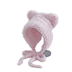 Pink winter plush hat with cute bear ears and long warm earmuffs for women and girls