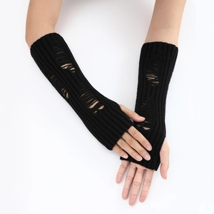 Close-up of black ribbed knit arm warmers with distressed hole details and thumb loops