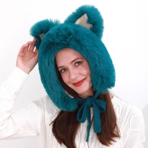 Detail of teal faux fur hat with cat ears design and knitted bow chin straps