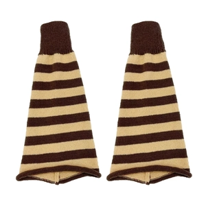 Detailed close-up of brown and beige striped knit leg warmers with ribbed cuffs