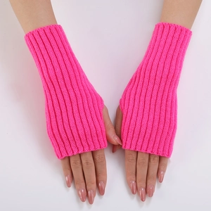 Detail of neon pink ribbed knit arm warmers showing thumb hole and fabric texture