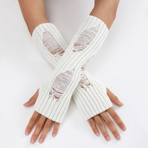 Detailed knit texture of white ripped arm warmers with distressed cutout design