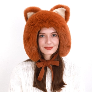 Detailed view of plush faux fox fur hat with 3D ears and soft knitted straps