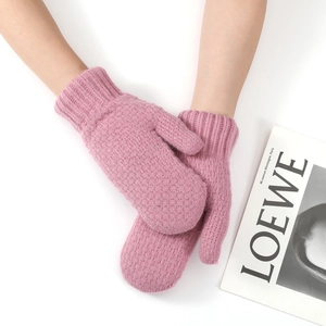 Close-up of pink knit fingerless mittens with ribbed cuffs shown on a white background