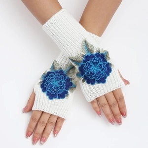 Mitaines Tricotées Femmes Acrylique Hiver Chaud Broderie Florale Fleur 3D Demi Doigt Chauffe Bras Gants Mode