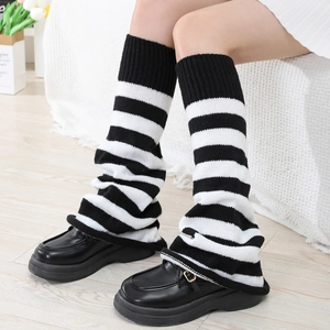 Women Striped Knitted Leg Warmers Y2K Japanese Style Preppy Harajuku Winter Warm Slouch Socks Ribbed Footless Socks