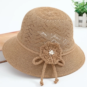 Women Sun Hat Knitted Cotton Breathable UV Protection Foldable Crochet Flower Faux Pearl Rhinestone Elegant Summer Beach Bucket Hat