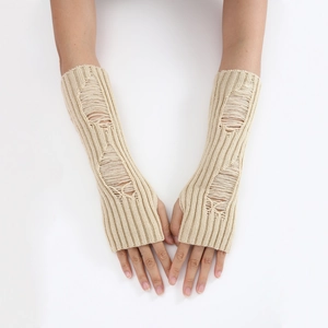 Detail view of cream knit arm warmer featuring stylish ripped hole texture design