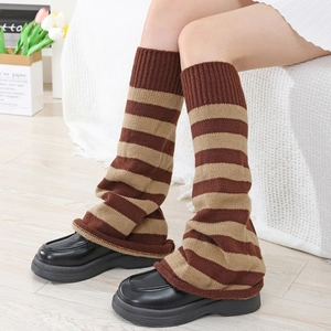 Japanese style Y2K striped knit leg warmers in brown and beige with loafers