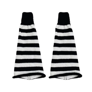 Y2K style black and white striped knitted leg warmers with ribbed cuffs for women