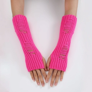 Detailed knit texture and ripped hole design of neon pink fingerless arm warmers
