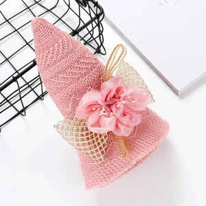 Pink knit sun hat with floral chiffon decoration and a pointed top style for kids
