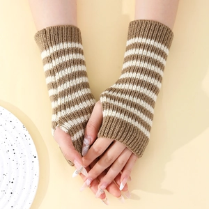 Women's knitted arm warmers in coffee and beige striped pattern with fingerless design
