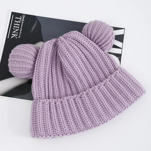 Detail of lavender chunky knit beanie with cute 3D bear ear accents and folded brim
