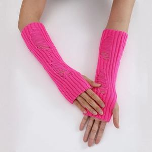Detail showing neon pink distressed knit texture on long fingerless arm warmers