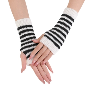 Short knitted fingerless gloves with black and white stripes for winter arm warmth