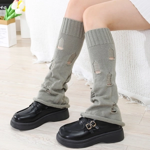 Y2K graue Strick-Beinstulpen mit Distressed-Loch-Design für Damen-Wintermode