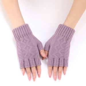 Close-up of light purple knitted fingerless gloves with elongated elastic ribbed cuffs