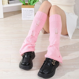 Rosa Y2K Strick Beinstulpen für Damen mit modischen Rissen und stylischem gestapelten Look