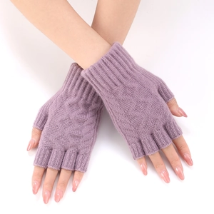 Close-up of taro purple knitted fingerless gloves with soft ribbed texture and warm cuffs