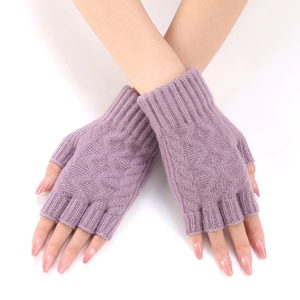 Detail of light purple knitted fingerless gloves with ribbed cuffs and textured stitch