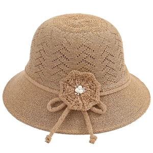 Women's khaki sun hat with floral knitting and pearl accents on a clean white background