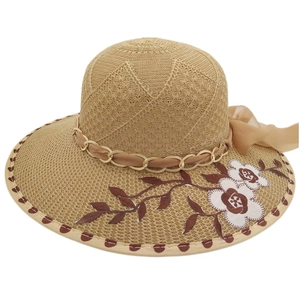 Cappello da sole estivo da donna a tesa larga con ricamo floreale e fiocco in nastro