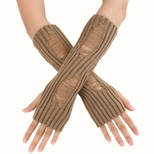 Women Distressed Hollow Out Knit Arm Warmers Fingerless Gloves Y2K Gothic Punk Ribbed Long Mittens Streetwear Accessories