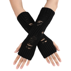 Black ribbed knit arm warmers with thumb holes and stylish ripped hole design