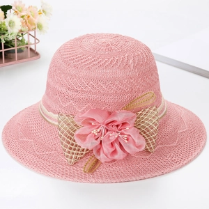 Women's Elegant Cotton Knit Sun Hat Foldable Wide Brim Beach Hat With Large Flower And Plaid Bow Summer Breathable Travel Hat