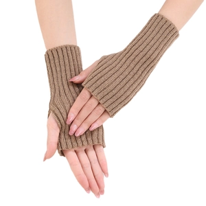 Fashionable ribbed knit fingerless arm warmers in camel brown for autumn and winter