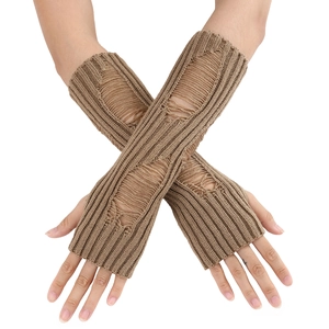 Distressed knit arm warmers with hole design in khaki fingerless long sleeve style