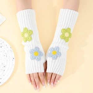 Women's Knitted Fingerless Gloves With Floral Embroidery Y2K Style Acrylic Warm Arm Sleeves Fashion Winter Hand Warmers