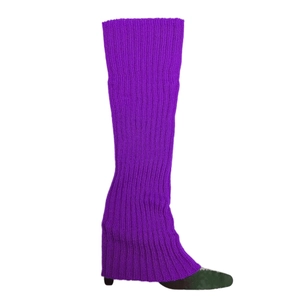 Detailed view of purple ribbed knit leg warmer showing elastic texture and soft fabric