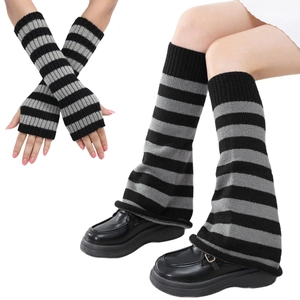 Y2K style striped knitted leg warmers and arm sleeves set for women in black and grey