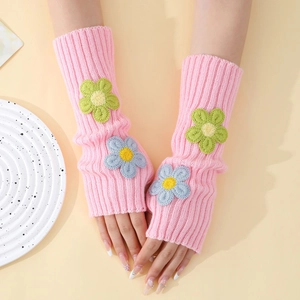 Pink knit Y2K fingerless gloves with floral embroidery and thumb holes for women