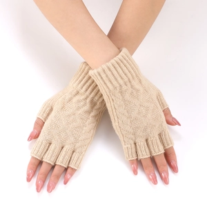 Detailed knit texture of beige fingerless arm sleeves with ribbed cuffs for winter warmth