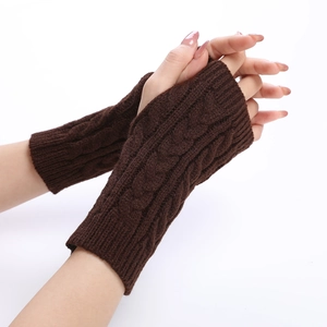 Detailed cable knit pattern on dark brown warm fingerless gloves for women