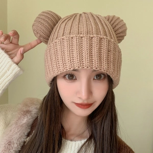 Cute Bear Ears Knitted Beanie Hat For Women Thickened Warm Winter Acrylic Crochet Skull Cap Fashion Outdoor Windproof Beanie