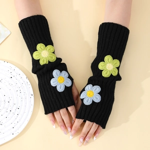Black ribbed knit fingerless gloves with floral embroidery for autumn and winter