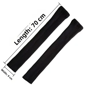 Détail des jambières tricotées noires de 70cm avec texture côtelée extensible et dimensions