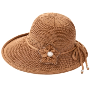 Summer brown knit sun hat for elderly women with handmade flower pearl detail and soft brim